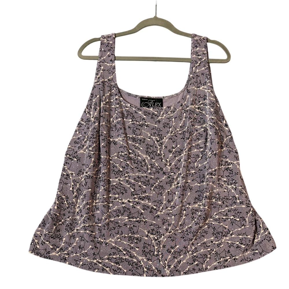 Alex‎ Evenings Tank Top Womens 3X Lavender Floral Glitter Square Neck 4211406